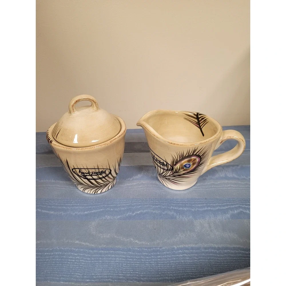 Tabletops Peacock Hand Painted NWT Cream Ceramic Sugar Bowl & Creamer Gift Set